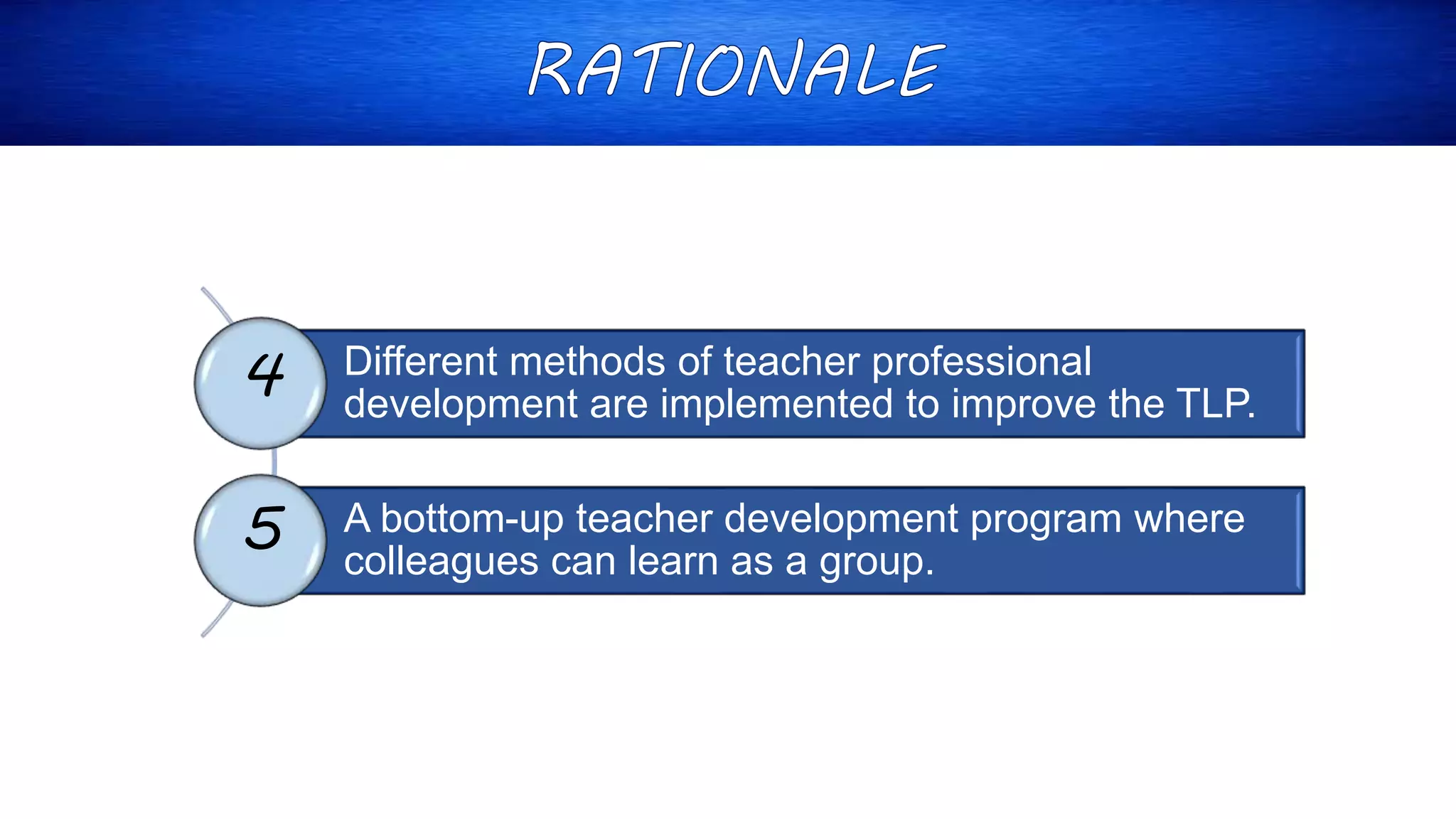 Different methods of teacher professional
development are implemented to improve the TLP.
A bottom-up teacher development program where
colleagues can learn as a group.
4
5
 