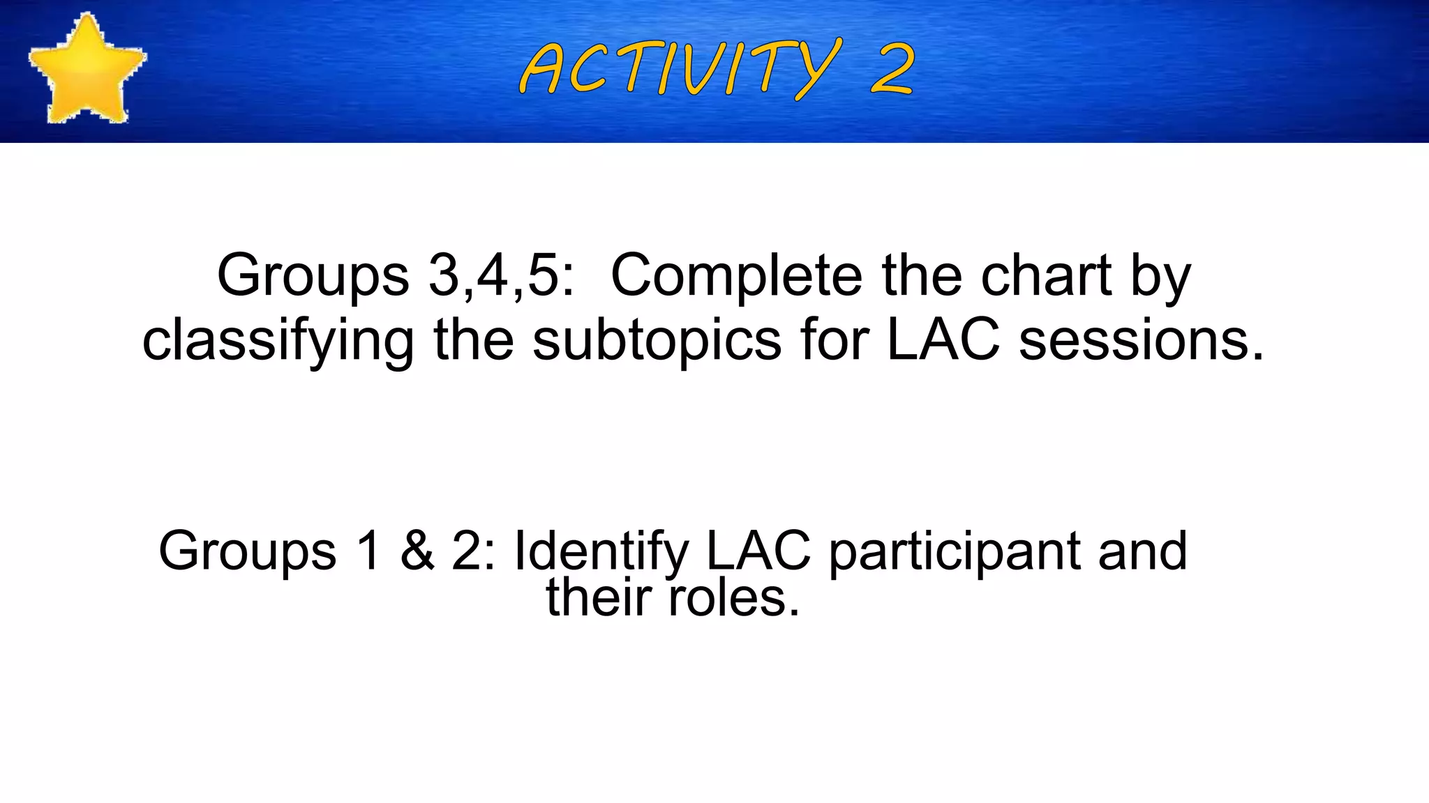 Groups 3,4,5: Complete the chart by
classifying the subtopics for LAC sessions.
Groups 1 & 2: Identify LAC participant and
their roles.
 