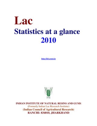 Lac
Statistics at a glance
         2010

                   http://ilri.ernet.in




INDIAN INSTITUTE OF NATURAL RESINS AND GUMS
         (Formerly Indian Lac Research Institute)
     (Indian Council of Agricultural Research)
         RANCHI- 834010, JHARKHAND
 