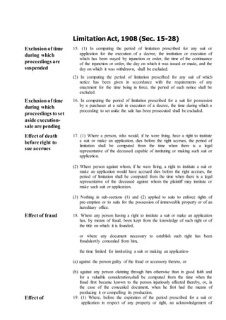 Limitation Act, 1908 (Sec. 15-28)
Exclusion of time
during which
proceedings are
suspended
15. (1) In computing the period of limitation prescribed for any suit or
application for the execution of a decree, the institution or execution of
which has been stayed by injunction or order, the time of the continuance
of the injunction or order, the day on which it was issued or made, and the
day on which it was withdrawn, shall be excluded.
(2) In computing the period of limitation prescribed for any suit of which
notice has been given in accordance with the requirements of any
enactment for the time being in force, the period of such notice shall be
excluded.
Exclusion of time
during which
proceedings to set
aside execution-
sale are pending
16. In computing the period of limitation prescribed for a suit for possession
by a purchaser at a sale in execution of a decree, the time during which a
proceeding to set aside the sale has been prosecuted shall be excluded.
Effectof death
before right to
sue accrues
17. (1) Where a person, who would, if he were living, have a right to institute
a suit or make an application, dies before the right accrues, the period of
limitation shall be computed from the time when there is a legal
representative of the deceased capable of instituting or making such suit or
application.
(2) Where person against whom, if he were living, a right to institute a suit or
make an application would have accrued dies before the right accrues, the
period of limitation shall be computed from the time when there is a legal
representative of the deceased against whom the plaintiff may institute or
make such suit or application.
(3) Nothing in sub-sections (1) and (2) applied to suits to enforce rights of
pre-emption or to suits for the possession of immoveable property or of an
hereditary office.
Effectof fraud 18. Where any person having a right to institute a suit or make an application
has, by means of fraud, been kept from the knowledge of such right or of
the title on which it is founded,
or where any document necessary to establish such right has been
fraudulently concealed from him,
the time limited for instituting a suit or making an application-
(a) against the person guilty of the fraud or accessory thereto, or
(b) against any person claiming through him otherwise than in good faith and
for a valuable consideration,shall be computed from the time when the
fraud first became known to the person injuriously affected thereby, or, in
the case of the concealed document, when he first had the means of
producing it or compelling its production.
Effectof 19. (1) Where, before the expiration of the period prescribed for a suit or
application in respect of any property or right, an acknowledgement of
 