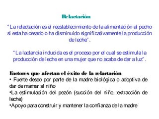 Relactación
“Larelactación esel reestablecimiento delaalimentación al pecho
si estahacesado o hadisminuído significativamentelaproducción
deleche”.
“Lalactanciainducidaesel proceso por el cual seestimulala
producción delecheen unamujer queno acabadedar aluz”.
Factores que afectan el éxito de la relactación
• Fuerte deseo por parte de la madre biológica o adoptiva de
dar demamar al niño
•La estimulación del pezón (succión del niño, extracción de
leche)
•Apoyo paraconstruir y mantener laconfianzadelamadre
 