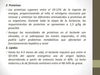 2. Proteínas
Las proteínas suponen entre el 10-12% de la ingesta de
energía, proporcionando al niño el nitrógeno necesario par
renovar y sintetizar los diferentes aminoácidos o proteínas de
su organismo. Durante toda la etapa de la lactancia, los
requerimientos de proteínas se aproximan a 1,5 g/kg de
peso/día
Aunque las necesidades de proteínas en el lactante son
elevadas, si se sobrepasan los niveles requeridos, el niño
podría sufrir problemas metabólicos que afectarían al
funcionamiento hepático y renal
3. Lípidos
Hasta los 4-5 meses de vida, el lactante requiere que entre el
50-55% del aporte energético sea de origen lipídico,
descendiendo a partir de entonces hasta el 40%. La leche
materna y la de fórmula contienen entre el 48-54% de grasa.
 
