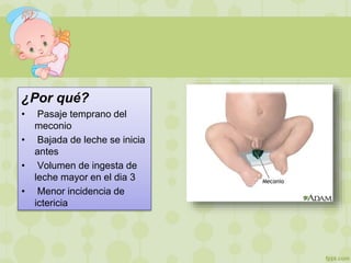 ¿Por qué?
• Pasaje temprano del
meconio
• Bajada de leche se inicia
antes
• Volumen de ingesta de
leche mayor en el dia 3
• Menor incidencia de
ictericia
 