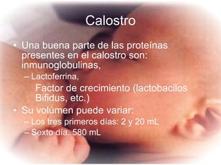 Calostro Una buena parte de las proteínas presentes en el calostro son: inmunoglobulinas,  Lactoferrina,   Factor de crecimiento (lactobacilos  Bifidus, etc.) Su volúmen puede variar: Los tres primeros días: 2 y 20 mL  Sexto día. 580 mL   