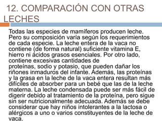 12. COMPARACIÓN CON OTRAS
LECHES
Todas las especies de mamíferos producen leche.
Pero su composición varía según los requerimientos
de cada especie. La leche entera de la vaca no
contiene (de forma natural) suficiente vitamina E,
hierro ni ácidos grasos esenciales. Por otro lado,
contiene excesivas cantidades de
proteínas, sodio y potasio, que pueden dañar los
riñones inmaduros del infante. Además, las proteínas
y la grasa en la leche de la vaca entera resultan más
difíciles de absorber para un bebé que las de la leche
materna. La leche condensada puede ser más fácil de
digerir debido al tratamiento de la proteína, pero sigue
sin ser nutricionalmente adecuada. Además se debe
considerar que hay niños intolerantes a la lactosa o
alérgicos a uno o varios constituyentes de la leche de
vaca.
 