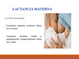 La OMS recomienda:
 Lactancia materna exclusiva hasta
los 6 meses.
 Lactancia materna unida a
alimentación complementaria hasta
los 2 años.
 