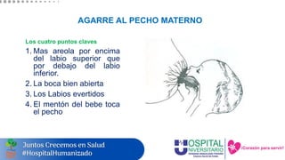 AGARRE AL PECHO MATERNO
Los cuatro puntos claves
1. Mas areola por encima
del labio superior que
por debajo del labio
inferior.
2. La boca bien abierta
3. Los Labios evertidos
4. El mentón del bebe toca
el pecho
 