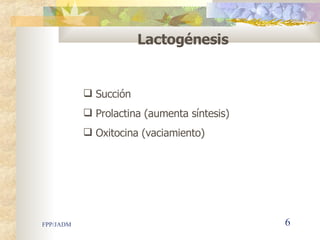 Lactogénesis Succión Prolactina (aumenta síntesis) Oxitocina (vaciamiento) 
