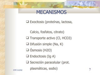 MECANISMOS Exocitosis (pro teínas, lactosa,  Ca lcio , fosf atos , citrato) Transporte activo (Cl, HCO3) Difusión simple (Na, K) Ósmosis (H2O) Endocitosis (Ig A) Secreción paracelular (prot. p lasm áticas ,  sodio )  