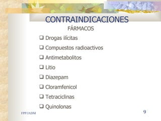 CONTRAINDICACIONES FÁRMACOS Drogas ilícitas Compuestos radi oa ctivos Antimetabolitos Litio Diazepam Cloramfenicol Tetraciclinas Quinolonas 