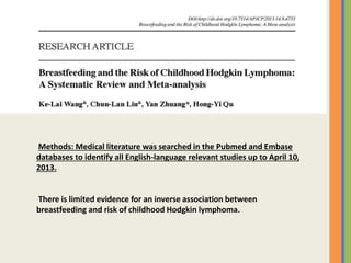 Methods: Medical literature was searched in the Pubmed and Embase
databases to identify all English-language relevant studies up to April 10,
2013.
There is limited evidence for an inverse association between
breastfeeding and risk of childhood Hodgkin lymphoma.
 