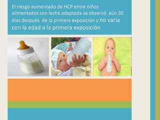 El riesgo aumentado de HCP entre niños
alimentados con leche adaptada se observó aún 30
dias después de la primera exposición y no varía
con la edad a la primera exposición
El riesgo aumentado de HCP entre niños
alimentados con leche adaptada se observó aún 30
dias después de la primera exposición y no varía
con la edad a la primera exposición
 