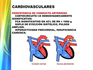 CARDIOVASCULARES
PERSISTENCIA DE CONDUCTO ARTERIOSO
CORTOCIRCUITO I-D HEMODINAMICAMENTE
SIGNIFICATIVO.
PCA SIGNIFICATIVO EN 42% DE RN < 1000 g
SOPLO DE EYECCIÓN SISTÓLICO, PULSOS
AMPLIOS.
HIPERACTIVIDAD PRECORDIAL, INSUFICIENCIA
CARDÍACA.
 