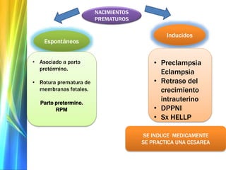 Espontáneos
Inducidos
• Preclampsia
Eclampsia
• Retraso del
crecimiento
intrauterino
• DPPNI
• Sx HELLP
• Asociado a parto
pretérmino.
• Rotura prematura de
membranas fetales.
Parto pretermino.
RPM
NACIMIENTOS
PREMATUROS
SE INDUCE MEDICAMENTE
SE PRACTICA UNA CESAREA
 