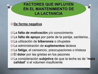 O De forma negativa
O La falta de motivación y/o conocimiento
O La falta de apoyo por parte de la pareja, sanitarios…
O La utilización de biberones o chupetes
O La administración de suplementos lácteos
O La fatiga, el cansancio, preocupaciones o tristeza
O El dolor por las grietas en los pezones
O La consideración subjetiva de que la leche es de “mala
calidad” o el volumen insuficiente
FACTORES QUE INFLUYEN
EN EL MANTENIMIENTO DE
LA LACTANCIA
 