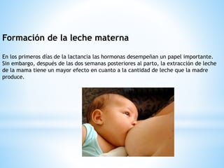 Formación de la leche materna
En los primeros días de la lactancia las hormonas desempeñan un papel importante.
Sin embargo, después de las dos semanas posteriores al parto, la extracción de leche
de la mama tiene un mayor efecto en cuanto a la cantidad de leche que la madre
produce.
 