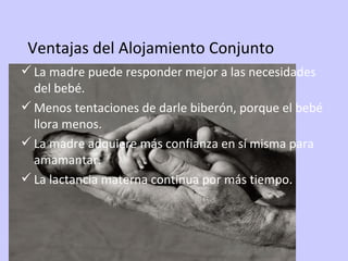 Ventajas del Alojamiento Conjunto La madre puede responder mejor a las necesidades del bebé. Menos tentaciones de darle biberón, porque el bebé llora menos. La madre adquiere más confianza en sí misma para amamantar. La lactancia materna continua por más tiempo. 