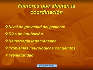 Factores que afectan la coordinación E.U. Silvia Lagos A. Nivel de gravedad del paciente Días de intubación Hemorragia Intracraneana Problemas neurológicos congénitos Prematuridad DRA. CLARA GANA A. 