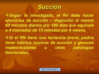 Succión E.U. Silvia Lagos A. Según lo investigado, el Rn debe hacer ejercicios de succión – deglución al menos 60 minutos diarios por 180 días que equivale a 4 mamadas de 15 minutos por 6 meses. Si el RN tiene una lactancia breve, podría tener hábitos nocivos de succión y generan malaoclusiones u otras patologías funcionales. DRA. CLARA GANA A. 