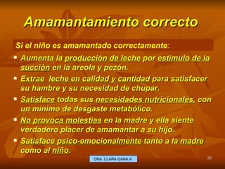 Amamantamiento correcto  Aumenta  la  producción de leche   por  estímulo de la succión  en la areola y pezón. Extrae   leche en calidad y cantidad  para satisfacer su hambre y su necesidad de chupar. Satisface  todas sus  necesidades nutricionales , con un mínimo de desgaste metabólico. No provoca molestias  en la madre y ella siente verdadero placer de amamantar a su hijo. Satisface psico-emocionalmente  tanto a la  madre  como al  niño . E.U. Silvia Lagos A. Si el niño es amamantado correctamente :   DRA. CLARA GANA A. 