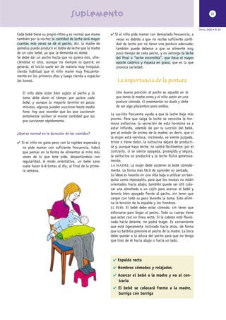 suplemento                                                                                 III



                                                                                                                   Otoño 2000 • Nº 85
Cada bebé tiene su propio ritmo y es normal que mame    ✔ Si el niño pide mamar con demasiada frecuencia, a
también por la noche; la cantidad de leche será mayor      veces es debido a que no recibe suficiente canti-
cuantas más veces se dé el pecho. Así, la madre de         dad de leche por no tener una postura adecuada;
gemelos puede producir el doble de leche que la madre      también puede deberse a que se alimente muy
de un solo bebé, ya que la demanda es doble.               poco tiempo de cada pecho, y no extraiga la leche
Se debe dar un pecho hasta que no quiera más, ofre-        del final o “leche escondida”, que lleva el mayor
ciéndole el otro, aunque no siempre lo querrá; en          aporte calórico y riqueza en grasa, que es la que
general, el inicio suele ser de manera muy irregular,      provoca saciedad.
siendo habitual que el niño mame muy frecuente-
mente en los primeros días y luego tienda a espaciar
las tomas.                                                  La importancia de la postura
   El niño debe estar bien sujeto al pecho y la            Una buena posición al pecho es aquella en la
   toma debe durar el tiempo que quiera cada               que tanto la madre como y el niño están en una
   bebé, y aunque la mayoría termina en pocos              postura cómoda. El amamantar no duele y debe
   minutos, algunos pueden succionar hasta media           de ser algo placentero para ambos.
   hora; hay que recordar que los que succionan
                                                        La succión frecuente ayuda a que la leche baje más
   lentamente reciben la misma cantidad que los
                                                        pronto. Para que salga la leche se necesita la hor-
   que succionan rápidamente.
                                                        mona oxitocina; la secreción de esta hormona va a
                                                        estar influida, además de por la succión del bebé,
¿Qué es normal en la duración de las comidas?           por el estado de ánimo de la madre; es decir, que si
                                                        la mujer está nerviosa, incómoda, se siente juzgada,
✔ Si el niño no gana peso con la rapidez esperada y     triste o tiene dolor, la oxitocina dejará de producir-
  no pide mamar con suficiente frecuencia, habrá        se y, aunque haya leche, no saldrá fácilmente; por el
  que pensar en la forma de alimentar al niño más       contrario, si se siente apoyada, protegida y segura,
  veces de lo que éste pide, despertándolo con          la oxitocina se producirá y la leche fluirá generosa-
  regularidad. A modo orientativo, un bebé sano         mente.
  suele hacer 6-8 tomas al día, al final de la prime-   LA MADRE: La mujer debe sostener al bebé cómoda-
  ra semana.                                            mente. La forma más fácil de aprender es sentada.
                                                        Lo ideal es hacerlo en una silla baja o utilizar un ban-
                                                        quito como reposapiés, para que los muslos no estén
                                                        orientados hacia abajo; también puede ser útil colo-
                                                        car una almohada o un cojín para acercar al bebé y
                                                        tenerlo bien apoyado frente al pecho, sin tener que
                                                        cargar con todo su peso durante la toma. Esto elimi-
                                                        na la tensión de la espalda y los hombros.
                                                        EL BEBE: El bebé debe estar cómodo, sin tener que
                                                        esforzarse para llegar al pecho. Todo su cuerpo tiene
                                                        que estar casi en línea recta. Si la cabeza está flexio-
                                                        nada hacia delante, no podrá tragar. Es conveniente
                                                        que esté ligeramente inclinado hacia atrás, de forma
                                                        que su barbilla presione el pecho de la madre. La boca
                                                        debe quedar a la altura del pecho para que no tenga
                                                        que tirar de él hacia abajo o hacia un lado.




                                                         ✔ Espalda recta

                                                         ✔ Hombros cómodos y relajados

                                                         ✔ Acercar el bebé a la madre y no al con-
                                                             trario
                                                         ✔ El bebé se colocará frente a la madre,
                                                             barriga con barriga
 