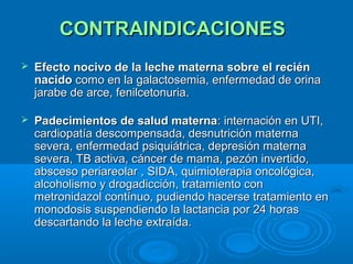 CONTRAINDICACIONES   Efecto nocivo de la leche materna sobre el recién nacido  como en la galactosemia, enfermedad de orina jarabe de arce, fenilcetonuria. Padecimientos de salud materna : internación en UTI, cardiopatía descompensada, desnutrición materna severa, enfermedad psiquiátrica, depresión materna severa, TB activa, cáncer de mama, pezón invertido, absceso periareolar , SIDA, quimioterapia oncológica, alcoholismo y drogadicción, tratamiento con metronidazol contínuo, pudiendo hacerse tratamiento en monodosis suspendiendo la lactancia por 24 horas descartando la leche extraída. 