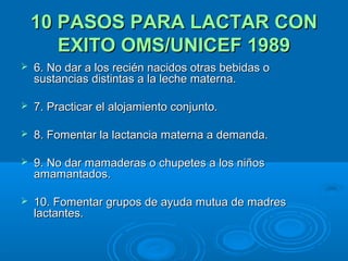 10 PASOS PARA LACTAR CON EXITO OMS/UNICEF 1989 6. No dar a los recién nacidos otras bebidas o sustancias distintas a la leche materna. 7. Practicar el alojamiento conjunto. 8. Fomentar la lactancia materna a demanda. 9. No dar mamaderas o chupetes a los niños amamantados. 10. Fomentar grupos de ayuda mutua de madres lactantes. 