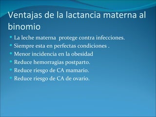 Ventajas de la lactancia materna al
binomio
 La leche materna protege contra infecciones.
 Siempre esta en perfectas condiciones .
 Menor incidencia en la obesidad
 Reduce hemorragias postparto.
 Reduce riesgo de CA mamario.
 Reduce riesgo de CA de ovario.
 