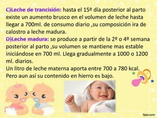 hasta el 15º día posterior al parto
existe un aumento brusco en el volumen de leche hasta
llegar a 700ml. de consumo diario ,su composición ira de
calostro a leche madura.
se produce a partir de la 2º o 4º semana
posterior al parto ,su volumen se mantiene mas estable
iniciándose en 700 ml. Llega gradualmente a 1000 o 1200
ml. diarios.
Un litro de leche materna aporta entre 700 a 780 kcal.
Pero aun así su contenido en hierro es bajo.
 