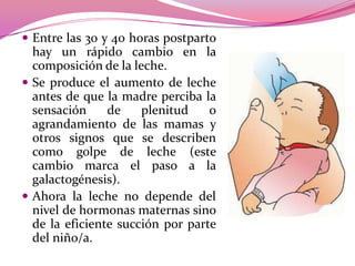  Entre las 30 y 40 horas postparto

hay un rápido cambio en la
composición de la leche.
 Se produce el aumento de leche
antes de que la madre perciba la
sensación
de
plenitud
o
agrandamiento de las mamas y
otros signos que se describen
como golpe de leche (este
cambio marca el paso a la
galactogénesis).
 Ahora la leche no depende del
nivel de hormonas maternas sino
de la eficiente succión por parte
del niño/a.

 
