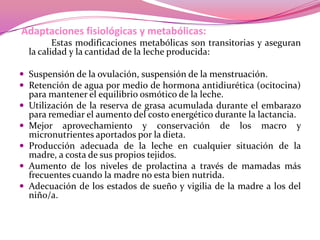 Adaptaciones fisiológicas y metabólicas:
Estas modificaciones metabólicas son transitorias y aseguran
la calidad y la cantidad de la leche producida:
 Suspensión de la ovulación, suspensión de la menstruación.
 Retención de agua por medio de hormona antidiurética (ocitocina)






para mantener el equilibrio osmótico de la leche.
Utilización de la reserva de grasa acumulada durante el embarazo
para remediar el aumento del costo energético durante la lactancia.
Mejor aprovechamiento y conservación de los macro y
micronutrientes aportados por la dieta.
Producción adecuada de la leche en cualquier situación de la
madre, a costa de sus propios tejidos.
Aumento de los niveles de prolactina a través de mamadas más
frecuentes cuando la madre no esta bien nutrida.
Adecuación de los estados de sueño y vigilia de la madre a los del
niño/a.

 
