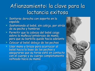 Afianzamiento: la clave para laAfianzamiento: la clave para la
lactancia exitosalactancia exitosa
 Sentarse derecha con soporte en laSentarse derecha con soporte en la
espaldaespalda
 Sosteniendo al bebé, sin cobija, por atrásSosteniendo al bebé, sin cobija, por atrás
de su pecho y hombrosde su pecho y hombros
 Permitir que la cabeza del bebé caigaPermitir que la cabeza del bebé caiga
sobre la muñeca/antebrazo de mamá,sobre la muñeca/antebrazo de mamá,
para que su barbilla quede hacia adelantepara que su barbilla quede hacia adelante
 Colocar al bebé debajo de los pechosColocar al bebé debajo de los pechos
 Usar mano y brazo para acurrucar alUsar mano y brazo para acurrucar al
bebé hacia la base de los pechos ybebé hacia la base de los pechos y
asegurarse que su torso esté en contactoasegurarse que su torso esté en contacto
con el cuerpo y su cuerpo completamentecon el cuerpo y su cuerpo completamente
volteado hacia su mamávolteado hacia su mamá
 
