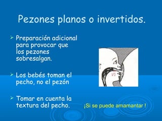 Pezones planos o invertidos.
 Preparación adicional
para provocar que
los pezones
sobresalgan.
 Los bebés toman el
pecho, no el pezón
 Tomar en cuenta la
textura del pecho. ¡Si se puede amamantar !
 