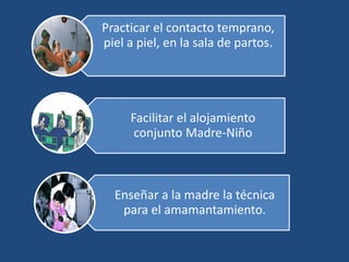 Practicar el contacto temprano,
piel a piel, en la sala de partos.
Facilitar el alojamiento
conjunto Madre-Niño
Enseñar a la madre la técnica
para el amamantamiento.
 