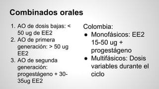 Combinados orales
1. AO de dosis bajas: <
50 ug de EE2
2. AO de primera
generación: > 50 ug
EE2
3. AO de segunda
generación:
progestágeno + 30-
35ug EE2
Colombia:
● Monofásicos: EE2
15-50 ug +
progestágeno
● Multifásicos: Dosis
variables durante el
ciclo
 