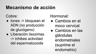Mecanismo de acción
Cobre:
● Iones -> bloquean el
ADN (no producción
de glucógeno)
● Liberación lisozimas
-> inhibes actividad
del espermatozoide
Hormonal:
● Cambios en el
moco cervical
● Cambios en las
glándulas
endometriales
(suprime el
endometrio)
 