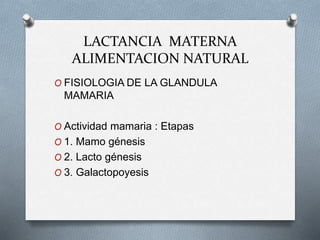 LACTANCIA MATERNA
ALIMENTACION NATURAL
O FISIOLOGIA DE LA GLANDULA
MAMARIA
O Actividad mamaria : Etapas
O 1. Mamo génesis
O 2. Lacto génesis
O 3. Galactopoyesis
 