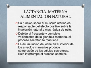 LACTANCIA MATERNA
ALIMENTACION NATURAL
O Su función sobre el musculo uterino es
responsable del efecto positivo sobre la
involución natural y mas rápida de este.
O Debido al frecuente y completo
vaciamiento de la glándula mamaria, el
proceso secretor se mantiene.
O La acumulación de leche en el interior de
los alveolos mamarios produce
compresión de las células secretoras.
Esto interrumpe el proceso secretor.
 