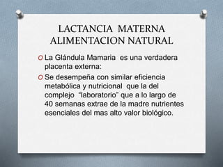 LACTANCIA MATERNA
ALIMENTACION NATURAL
O La Glándula Mamaria es una verdadera
placenta externa:
O Se desempeña con similar eficiencia
metabólica y nutricional que la del
complejo “laboratorio” que a lo largo de
40 semanas extrae de la madre nutrientes
esenciales del mas alto valor biológico.
 