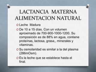 LACTANCIA MATERNA
ALIMENTACION NATURAL
O Leche Madura
O De 10 a 15 días. Con un volumen
aproximado de 700-900-1000-1200. Su
composición es de 88% en agua, contiene
proteínas, lactosa, grasa,, minerales y
vitaminas.
O Su osmolaridad es similar a la del plasma
(286mOsm).
O Es la leche que se establece hasta el
final.
 
