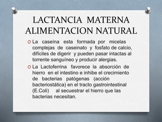 LACTANCIA MATERNA
ALIMENTACION NATURAL
O La caseína esta formada por micelas
complejas de caseinato y fosfato de calcio,
difíciles de digerir y pueden pasar intactas al
torrente sanguíneo y producir alergias.
O La Lactoferrina favorece la absorción de
hierro en el intestino e inhibe el crecimiento
de bacterias patógenas (acción
bacteriostática) en el tracto gastrointestinal
(E.Coli) al secuestrar el hierro que las
bacterias necesitan.
 