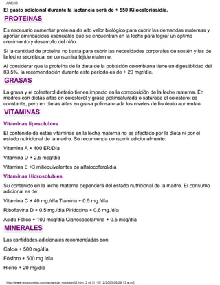 El gasto adicional durante la lactancia será de + 550 Kilocalorías/día.
PROTEINAS
Es necesario aumentar proteína de alto valor biológico para cubrir las demandas maternas y
aportar aminoácidos esenciales que se encuentran en la leche para lograr un óptimo
crecimiento y desarrollo del niño.
Si la cantidad de proteína no basta para cubrir las necesidades corporales de sostén y las de
la leche secretada, se consumirá tejido materno.
Al considerar que la proteína de la dieta de la población colombiana tiene un digestiblidad del
83.5%, la recomendación durante este período es de + 20 mgr/día.
GRASAS
La grasa y el colesterol dietario tienen impacto en la composición de la leche materna. En
madres con dietas altas en colesterol y grasa poliinsaturada o saturada el colesterol es
constante, pero en dietas altas en grasa polinsaturada los niveles de linoleato aumentan.
VITAMINAS
Vitaminas liposolubles
El contenido de estas vitaminas en la leche materna no es afectado por la dieta ni por el
estado nutricional de la madre. Se recomienda consumir adicionalmente:
Vitamina A + 400 ER/Día
Vitamina D + 2.5 mcg/día
Vitamina E +3 miliequivalentes de alfatocoferol/día
Vitaminas Hidrosolubles
Su contenido en la leche materna dependerá del estado nutricional de la madre. El consumo
adicional es de:
Vitamina C + 40 mg./día Tiamina + 0.5 mg./día.
Riboflavina D + 0.5 mg./día Piridoxina + 0.6 mg./día
Acido Fólico + 100 mcg/día Cianocobolamina + 0.5 mcg/día
MINERALES
Las cantidades adicionales recomendadas son:
Calcio + 500 mg/día.
Fósforo + 500 mg./día
Hierro + 20 mg/día
ANEXO
http://www.encolombia.com/lactancia_nutricion32.htm (2 of 3) [10/12/2000 09:29:13 a.m.]
 