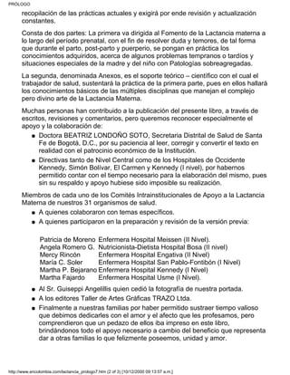 recopilación de las prácticas actuales y exigirá por ende revisión y actualización
constantes.
Consta de dos partes: La primera va dirigida al Fomento de la Lactancia materna a
lo largo del período prenatal, con el fin de resolver duda y temores, de tal forma
que durante el parto, post-parto y puerperio, se pongan en práctica los
conocimientos adquiridos, acerca de algunos problemas tempranos o tardíos y
situaciones especiales de la madre y del niño con Patologías sobreagregadas.
La segunda, denominada Anexos, es el soporte teórico – científico con el cual el
trabajador de salud, sustentará la práctica de la primera parte, pues en ellos hallará
los conocimientos básicos de las múltiples disciplinas que manejan el complejo
pero divino arte de la Lactancia Materna.
Muchas personas han contribuido a la publicación del presente libro, a través de
escritos, revisiones y comentarios, pero queremos reconocer especialmente el
apoyo y la colaboración de:
Doctora BEATRIZ LONDOÑO SOTO, Secretaria Distrital de Salud de Santa
Fe de Bogotá, D.C., por su paciencia al leer, corregir y convertir el texto en
realidad con el patrocinio económico de la Institución.
q
Directivas tanto de Nivel Central como de los Hospitales de Occidente
Kennedy, Simón Bolívar, El Carmen y Kennedy (I nivel), por habernos
permitido contar con el tiempo necesario para la elaboración del mismo, pues
sin su respaldo y apoyo hubiese sido imposible su realización.
q
Miembros de cada uno de los Comités Intrainstitucionales de Apoyo a la Lactancia
Materna de nuestros 31 organismos de salud.
A quienes colaboraron con temas específicos.q
A quienes participaron en la preparación y revisión de la versión previa:
Patricia de Moreno
Angela Romero G.
Mercy Rincón
María C. Soler
Martha P. Bejarano
Martha Fajardo
Enfermera Hospital Meissen (II Nivel).
Nutricionista-Dietista Hospital Bosa (II nivel)
Enfermera Hospital Engativa (II Nivel)
Enfermera Hospital San Pablo-Fontibón (I Nivel)
Enfermera Hospital Kennedy (I Nivel)
Enfermera Hospital Usme (I Nivel).
q
Al Sr. Guiseppi Angelillis quien cedió la fotografía de nuestra portada.q
A los editores Taller de Artes Gráficas TRAZO Ltda.q
Finalmente a nuestras familias por haber permitido sustraer tiempo valioso
que debimos dedicarles con el amor y el afecto que les profesamos, pero
comprendieron que un pedazo de ellos iba impreso en este libro,
brindándonos todo el apoyo necesario a cambio del beneficio que representa
dar a otras familias lo que felizmente poseemos, unidad y amor.
q
PRÓLOGO
http://www.encolombia.com/lactancia_prologo7.htm (2 of 3) [10/12/2000 09:13:57 a.m.]
 