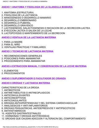 ANEXO 1 ANATOMIA Y FISIOLOGIA DE LA GLANDULA MAMARIA
1. ANATOMIA (ESTRUCTURA)
2. FISIOLOGIA DE LA LACTANCIA
3. MANOGENESIS O DESARROLLO MAMARIO
4. DESARROLLO EMBRIONARIO
5. DESARROLLO PUBERAL
6. DESARROLLO GRAVIDICO
7. LACTOGENESIS, GALACTOGENESIS O INICIACION DE LA SECRECION LACTEA
8. EYECCION LACTEA O SALIDA DE LA LECHE
9. LACTOPOYESIS O MANTENIMIENTO DE LA SECRECION
ANEXO 2 VENTAJA DE LA LACTANCIA MATERNA
1. PARA LA MADRE
2. PARA EL NIÑO
3. VENTAJAS PRACTICAS Y FAMILIARES
ANEXO 3 TECNICAS DE LACTANCIA MATERNA
1. RECOMENDACIONES GENERALES
2. POSICIONES PARA AMAMANTAR
3. PROCEDIMIENTO PARA AMAMANTAR
ANEXO 4 EXTRACCION MANUAL Y CONSERVACION DE LA LECHE MATERNA
1. ELEMENTOS
2. PROCEDIMIENTOS
ANEXO 5 SUPLEMENTADOR O FACILITADOR DE CRIANZA
ANEXO 6 DROGAS Y LACTANCIA MATERNA
CARACTERISTICAS DE LA DROGA
1. ANTIBIOTICOS
2. ANTIMETABOLITOS O ANTINEOPLASICOS
3. ANTICONVULSIVANTES
4. ANTICONCEPTIVOS
5. ANTICOAGULANTES
6. DROGAS ANTIHIPERTENSIVAS Y DEL SISTEMA CARDIOVASCULAR
7. ANALGESICOS Y ANTI-INFLAMATORIOS
8. DROGAS PSIQUIATRICAS, ANTIDEPRESIVOS Y ANTIPSICOTICOS
9. ANTIHISTAMINICOS
10. AGENTES GASTRINTESTINALES
11. HORMONAS Y DROGAS ANTITIROIDEAS
12. DROGAS QUE CAUSAN ADICCION Y ALTERACIN DEL COMPORTAMIENTO
ANEXO 1 ANATOMIA Y FISIOLOGIA DE LA GLANDULA MAMARIA
http://www.encolombia.com/lactancia_anexo5.htm (1 of 3) [10/12/2000 09:23:34 a.m.]
 