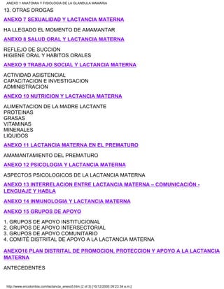13. OTRAS DROGAS
ANEXO 7 SEXUALIDAD Y LACTANCIA MATERNA
HA LLEGADO EL MOMENTO DE AMAMANTAR
ANEXO 8 SALUD ORAL Y LACTANCIA MATERNA
REFLEJO DE SUCCION
HIGIENE ORAL Y HABITOS ORALES
ANEXO 9 TRABAJO SOCIAL Y LACTANCIA MATERNA
ACTIVIDAD ASISTENCIAL
CAPACITACION E INVESTIGACION
ADMINISTRACION
ANEXO 10 NUTRICION Y LACTANCIA MATERNA
ALIMENTACION DE LA MADRE LACTANTE
PROTEINAS
GRASAS
VITAMINAS
MINERALES
LIQUIDOS
ANEXO 11 LACTANCIA MATERNA EN EL PREMATURO
AMAMANTAMIENTO DEL PREMATURO
ANEXO 12 PSICOLOGIA Y LACTANCIA MATERNA
ASPECTOS PSICOLOGICOS DE LA LACTANCIA MATERNA
ANEXO 13 INTERRELACION ENTRE LACTANCIA MATERNA – COMUNICACIÓN -
LENGUAJE Y HABLA
ANEXO 14 INMUNOLOGIA Y LACTANCIA MATERNA
ANEXO 15 GRUPOS DE APOYO
1. GRUPOS DE APOYO INSTITUCIONAL
2. GRUPOS DE APOYO INTERSECTORIAL
3. GRUPOS DE APOYO COMUNITARIO
4. COMITÉ DISTRITAL DE APOYO A LA LACTANCIA MATERNA
ANEXO16 PLAN DISTRITAL DE PROMOCION, PROTECCION Y APOYO A LA LACTANCIA
MATERNA
ANTECEDENTES
ANEXO 1 ANATOMIA Y FISIOLOGIA DE LA GLANDULA MAMARIA
http://www.encolombia.com/lactancia_anexo5.htm (2 of 3) [10/12/2000 09:23:34 a.m.]
 