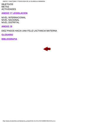 0BJETIVOS
METAS
ACTIVIDADES
ANEXO 17 LEGISLACION
NIVEL INTERNACIONAL
NIVEL NACIONAL
NIVEL DISTRITAL
ANEXO 18
DIEZ PASOS HACIA UNA FELIZ LACTANCIA MATERNA
GLOSARIO
BIBLIOGRAFIA
ANEXO 1 ANATOMIA Y FISIOLOGIA DE LA GLANDULA MAMARIA
http://www.encolombia.com/lactancia_anexo5.htm (3 of 3) [10/12/2000 09:23:34 a.m.]
 