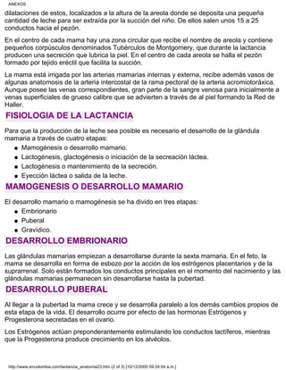 dilataciones de estos, localizados a la altura de la areola donde se deposita una pequeña
cantidad de leche para ser extraída por la succión del niño. De ellos salen unos 15 a 25
conductos hacia el pezón.
En el centro de cada mama hay una zona circular que recibe el nombre de areola y contiene
pequeños corpúsculos denominados Tubérculos de Montgomery, que durante la lactancia
producen una secreción que lubrica la piel. En el centro de cada areola se halla el pezón
formado por tejido eréctil que facilita la succión.
La mama está irrigada por las arterias mamarias internas y externa, recibe además vasos de
algunas anatomosis de la arteria intercostal de la rama pectoral de la arteria acromiotoráxica.
Aunque posee las venas correspondientes, gran parte de la sangre venosa para inicialmente a
venas superficiales de grueso calibre que se advierten a través de al piel formando la Red de
Haller.
FISIOLOGIA DE LA LACTANCIA
Para que la producción de la leche sea posible es necesario el desarrollo de la glándula
mamaria a través de cuatro etapas:
Mamogénesis o desarrollo mamario.q
Lactogénesis, glactogénesis o iniciación de la secreación láctea.q
Lactogénesis o mantenimiento de la secreción.q
Eyección láctea o salida de la leche.q
MAMOGENESIS O DESARROLLO MAMARIO
El desarrollo mamario o mamogénesis se ha divido en tres etapas:
Embrionarioq
Puberalq
Gravídico.q
DESARROLLO EMBRIONARIO
Las glándulas mamarias empiezan a desarrollarse durante la sexta mamaria. En el feto, la
mama se desarrolla en forma de esbozo por la acción de los estrógenos placentarios y de la
suprarrenal. Solo están formados los conductos principales en el momento del nacimiento y las
glándulas mamarias permanecen sin desarrollarse hasta la pubertad.
DESARROLLO PUBERAL
Al llegar a la pubertad la mama crece y se desarrolla paralelo a los demás cambios propios de
esta etapa de la vida. El desarrollo ocurre por efecto de las hormonas Estrógenos y
Progesterona secretadas en el ovario.
Los Estrógenos actúan preponderantemente estimulando los conductos lactíferos, mientras
que la Progesterona produce crecimiento en los alvéolos.
ANEXOS
http://www.encolombia.com/lactancia_anatomia23.htm (2 of 3) [10/12/2000 09:24:04 a.m.]
 