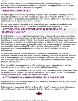 Existen influencia de la hormona del crecimiento STH o Somototrofina y de la hormona
Prolactina secretada en la hipófisis anterior. La hormona Tiroxina proveniente de la Tiroides
puede tener influencia en el desarrollo mamogénico.
DESARROLLO GRAVIDICO
Durante la gestación la mama experimenta un considerable aumento de tamaño y ocurren
cambios significativos. La proliferación gravídica se da por la influencia de Estrógenos y
Progesterona de origen placenterio, por factores hipódfisiarios y tiroídeos semejantes a los que
actuaban en al pubertad, pero en menor cantidad.
En esta etapa entra un nuevo elemento placentario de gran importancia llamado hormona
Lactógeno-Placentario cuya acción consiste es estimular el crecimiento de la mama.
LACTOGENESIS, GALACTOGENESIS O INICIACIÓN DE LA
SECRECIÓN LACTEA
Durante el puerperio, convergen factores endocrinos que desencadenan la secreción láctea o
lactogénesis, como consecuencia de la disminución de los niveles de Estrógenos, al presentar
la salida de la placenta y la no inhibición de la función, que los altos niveles de estos venían
haciendo sobre la acción de la prolactina secretada en el lóbulo anterior de la hipófisis. Aunque
la prolactina es la promotora de la lactancia, existen hormonas coadyuvantes necesarias para
que se establezca la secreción (STH o Somototrofina, Corticoides y ACTH). Lo anterior
muestra como al desaparecer la placenta e iniciarse la succión del seno comienza la
Lactogénesis.
La eyección se produce a través del siguiente mecanismo: Alrededor de los alvéolos y
conductos lactíferos existen fibra musculares que contraen y comprimen los alvéolos haciendo
que la leche contenida en su interior pase al sistema de conductos. Estas fibras musculares
son estimuladas y se contraen por la acción de la hormona Oxitocina liberada en el lóbulo
posterior de la hipófisis.
Para que se libre, es necesario que el niño succione la mama y se produzca un estímulo
nervioso que genere un reflejo neuro-hormonal en la hipófisis posterior.
De ésta manera forma el niño en el acto de mamar desencadena dos reflejos simultáneos: Uno
de mantenimientos de la secreción láctea o Reflejo de Lactopoyesis y otro de contratación de
la musculatura lisa de los conductos o Reflejo de Eyección.
LACTOPOYESIS O MANTENIMIENTO DE LA SECRECION
El mantenimiento de la secreción depende de la prolactina, del estímulo de la succión y de las
demás hormonas mencionadas.
Este mecanismo es parecido a la "Ley y Oferta y Demanda", es decir que entre más succione
el niño (Demanda), habrá mayor producción de leche (Oferta) por parte de la madre.
ANEXOS
http://www.encolombia.com/lactancia_anatomia23.htm (3 of 3) [10/12/2000 09:24:04 a.m.]
 