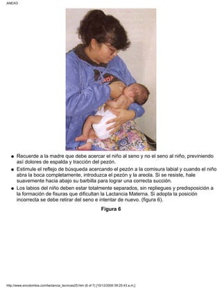 Recuerde a la madre que debe acercar el niño al seno y no el seno al niño, previniendo
así dolores de espalda y tracción del pezón.
q
Estimule el reflejo de búsqueda acercando el pezón a la comisura labial y cuando el niño
abra la boca completamente, introduzca el pezón y la areola. Si se resiste, hale
suavemente hacia abajo su barbilla para lograr una correcta succión.
q
Los labios del niño deben estar totalmente separados, sin repliegues y predisposición a
la formación de fisuras que dificultan la Lactancia Materna. Si adopta la posición
incorrecta se debe retirar del seno e intentar de nuevo. (figura 6).
q
Figura 6
ANEXO
http://www.encolombia.com/lactancia_tecnicas25.htm (6 of 7) [10/12/2000 09:25:43 a.m.]
 