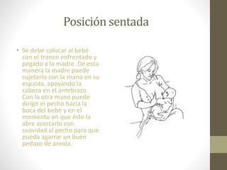 Posición sentada
• Se debe colocar al bebé
con el tronco enfrentado y
pegado a la madre. De esta
manera la madre puede
sujetarlo con la mano en su
espalda, apoyando la
cabeza en el antebrazo.
Con la otra mano puede
dirigir el pecho hacia la
boca del bebé y en el
momento en que éste la
abre acercarlo con
suavidad al pecho para que
pueda agarrar un buen
pedazo de areola.
 